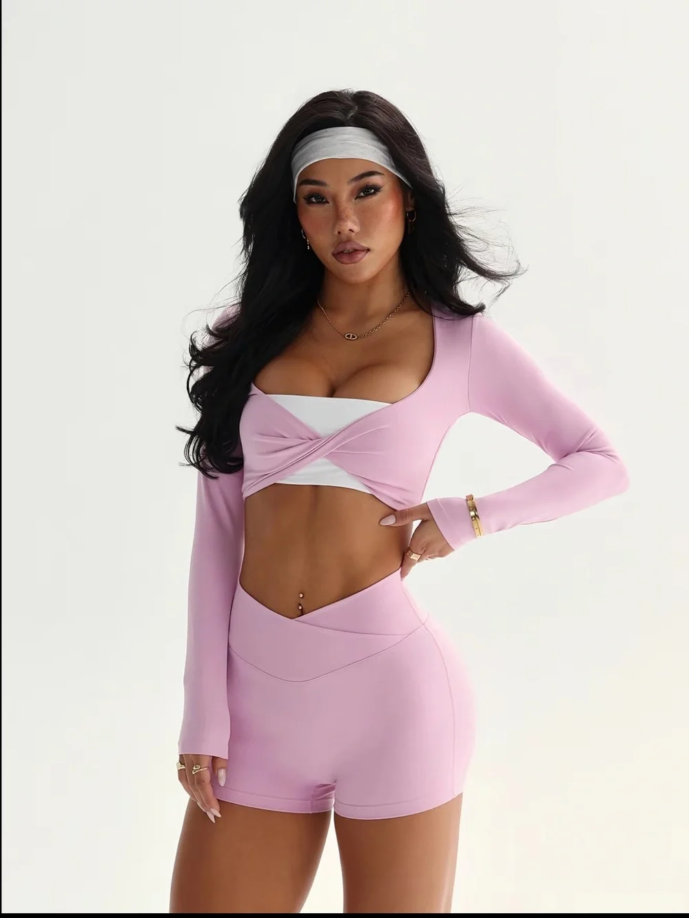 Women’s Pink Long-Sleeve Crop Sports Top & High-Waist Shorts Set